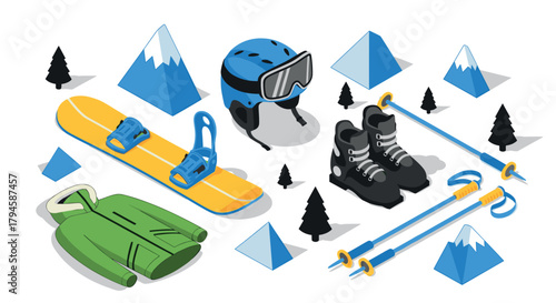 Winter sports gear collection with snowboard, ski equipment, and mountain elements in isometric style