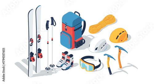 Essential isometric winter sport equipment for skiing and mountaineering adventure