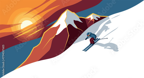 Skier carving down mountain slope at sunset with majestic peaks in dynamic flat design