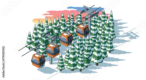 Isometric snowy mountain cable cars among pine trees at sunset