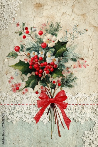 A vintage, high-quality illustration resembling a 1950s Christmas card, featuring a decorative arrangement of holly, pine branches, and red berries, tied with a festive red ribbon