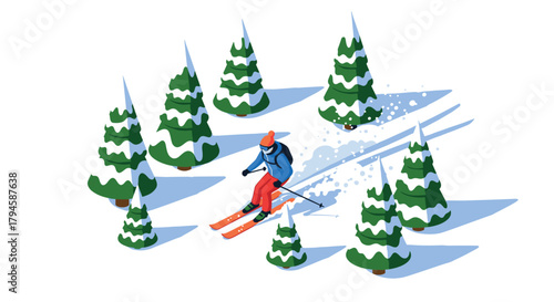 Isometric winter sports scene with skier navigating snowy forest