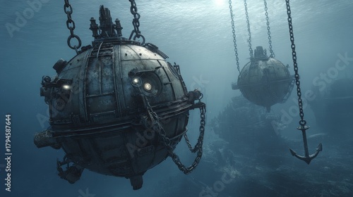 Concept of old underwater contact mines and anchor.