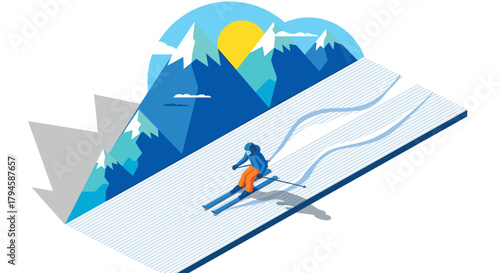 Isometric skier descending snowy mountain with sun and clouds in vibrant colors