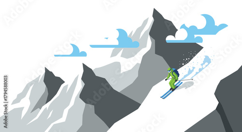 Alpine adventure skier descends snowy mountain slope with majestic peaks and blue sky