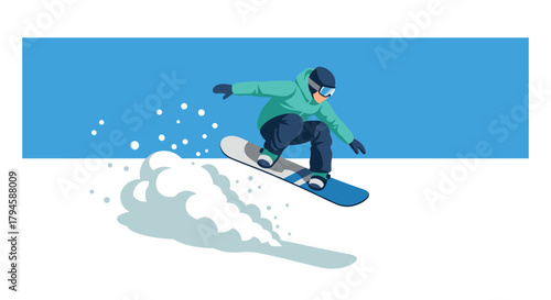 Snowboarder jumping in action against blue background with snow trail