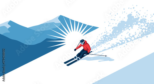 Dynamic winter sports skier carving through snowy mountains in bold minimalist style