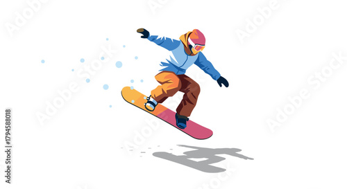 Snowboarder catching air in colorful winter gear against a white background