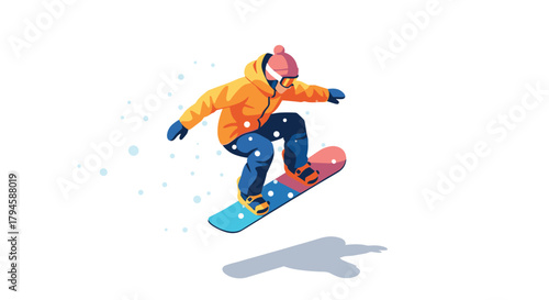 Snowboarder in midair jump with colorful winter gear and falling snow