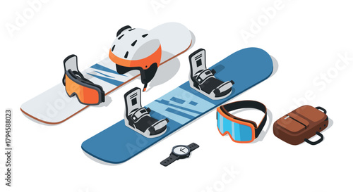 Isometric snowboard equipment set with helmet, goggles, and accessories on white background