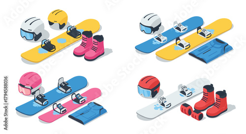 Winter sports gear set with helmets, boots, and snowboards in isometric style