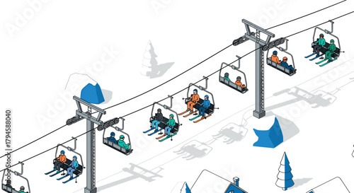 Chairlift ride at winter ski resort in isometric style with snowy landscape