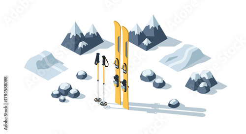 Isometric winter scene with skis, poles, and snowy mountains