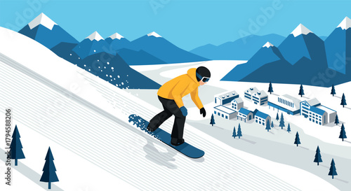 Snowboarder in yellow jacket gliding down a winter mountain landscape
