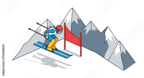 Isometric skier racing downhill with mountain background