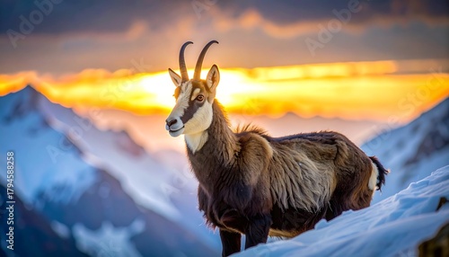 A wild chamois stands proud atop a snowy mountain during a vibrant sunset