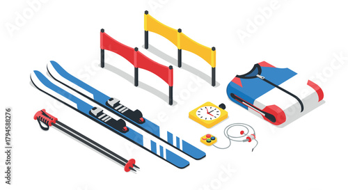 Isometric winter sports equipment set with ski gear and accessories