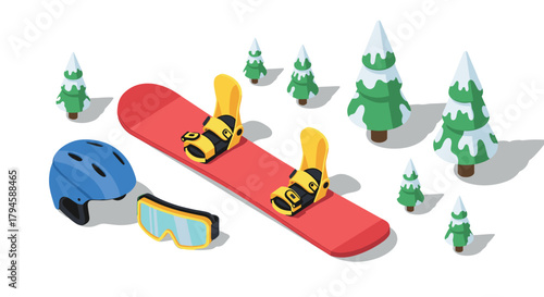 Winter sports adventure gear snowboard, helmet, and goggles with cartoon trees