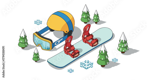 Isometric winter sports gear snowboarding essentials with snowflakes and pine trees
