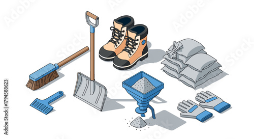 Isometric garden tools and equipment shovel, boots, gloves, and more for outdoor projects