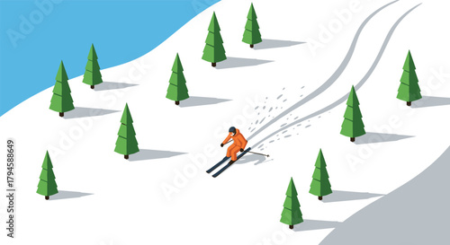 Winter sport adventure with skier on snowy mountain in minimalist isometric style