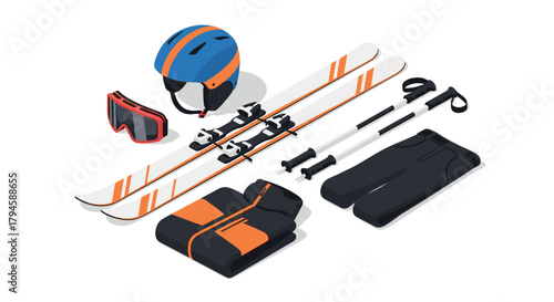 Isometric ski gear set helmet, goggles, skis, and poles for winter sports enthusiasts