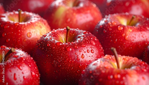Close-up of vibrant red apples covered in glistening water droplets, showcasing freshness and inviting textures