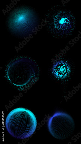 Blue radiant data core with radial dots and energy lines on black background. Concept of quantum computing, scientific visualization, and digital energy systems mapping.