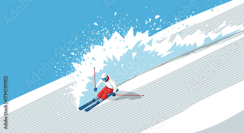 Dynamic skiing action downhill in modern geometric style art with snow