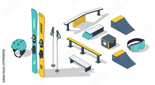 Isometric winter sports equipment and park features for snowboarding and skiing