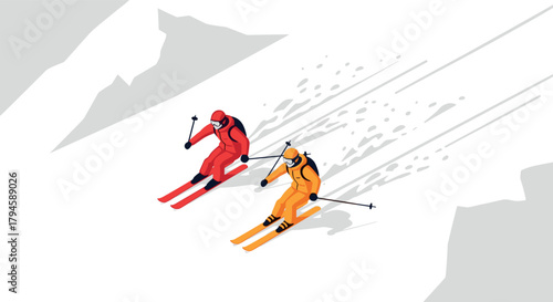Isometric skiing adventure two skiers racing down snowy mountain slopes in vibrant winter gear