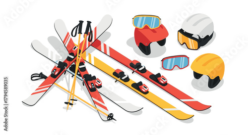 Isometric skiing equipment set with skis, poles, goggles, and helmets