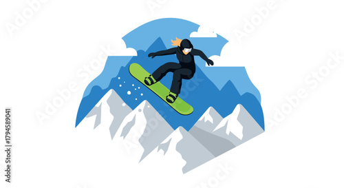 Snowboarder performing jump on snowy mountains in flat design