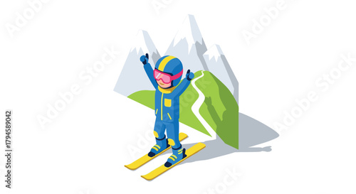 Celebrating skier in blue outfit with mountain background in isometric style