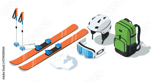 Isometric winter sports gear skis, poles, helmet, goggles, and backpack