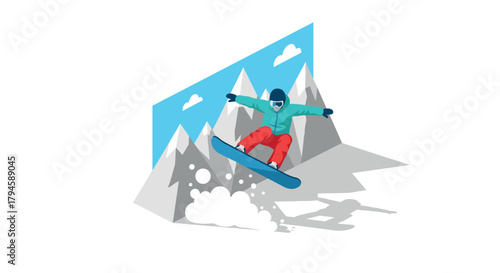 Dynamic snowboarder in action with mountains and clouds in background