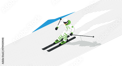 Isometric skier on snowy slope modern winter sports design