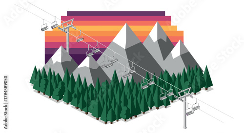 Isometric mountain landscape with cable cars and geometric sunset background