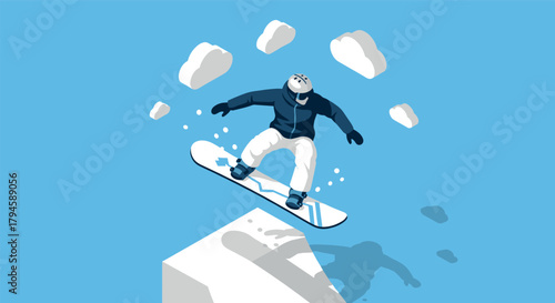 Dynamic snowboarding jump with geometric shapes and cloud background