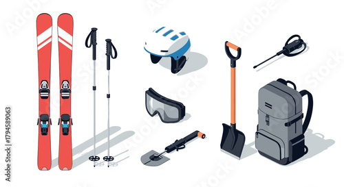 Winter sports equipment set with skis, poles, helmet, and backpack in isometric style