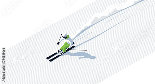 Skiing adventure on snowy slope in minimalist style with dynamic motion