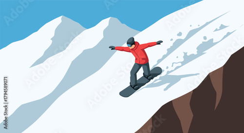 Snowboarding downhill adventure in minimalist style with snowy mountains