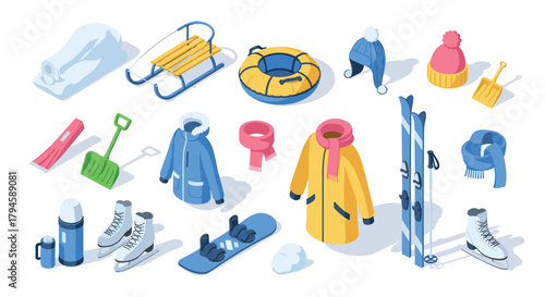 Winter sports gear and clothing in isometric design for coldweather activities
