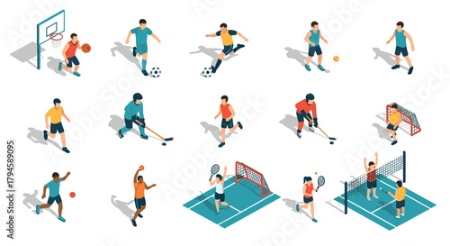 Diverse sports activities in isometric style featuring basketball, soccer, hockey, tennis, and volleyball