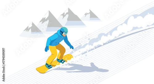 Bold colorful snowboarding adventure in minimalist mountain landscape