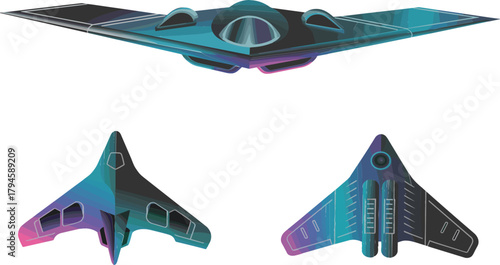 Stylized Stealth Bomber Future Aircraft Set Digital Camouflage Vector