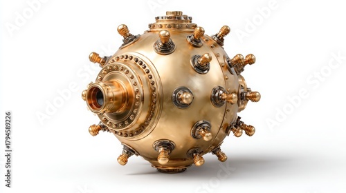 Golden naval mine, isolated 3D rendering on white.