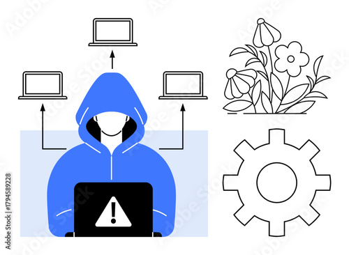 Hooded figure at laptop with alert icon, networked computers above, gear symbol, and flower illustration. Ideal for cybersecurity, hacking, technology threats, AI, innovation balance simple flat