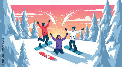 Winter adventure friends snowboarding and celebrating in vibrant mountain landscape