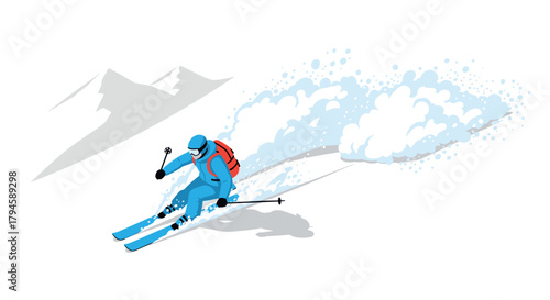 Dynamic skiing adventure in the snowy mountains with minimalist design